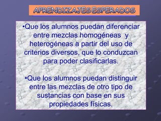 •Que los alumnos puedan diferenciar
entre mezclas homogéneas y
heterogéneas a partir del uso de
criterios diversos, que lo conduzcan
para poder clasificarlas.
•Que los alumnos puedan distinguir
entre las mezclas de otro tipo de
sustancias con base en sus
propiedades físicas.
 