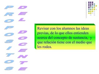 Revisar con los alumnos las ideas
previas, de lo que ellos entienden
acerca del concepto de sustancia, y
que relación tiene con el medio que
les rodea.
 