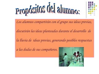 Los alumnos compartirán con el grupo sus ideas previas,
discutirán las ideas planteadas durante el desarrollo de
la lluvia de ideas previas, generando posibles respuestas
a las dudas de sus compañeros.
 