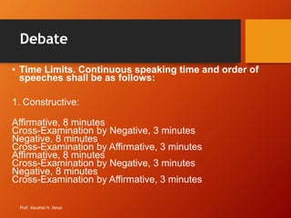 Debate
• Time Limits. Continuous speaking time and order of
speeches shall be as follows:
1. Constructive:
Affirmative, 8 minutes
Cross-Examination by Negative, 3 minutes
Negative, 8 minutes
Cross-Examination by Affirmative, 3 minutes
Affirmative, 8 minutes
Cross-Examination by Negative, 3 minutes
Negative, 8 minutes
Cross-Examination by Affirmative, 3 minutes
Prof. Kaushal H. Desai
 