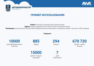 АВТОИНФОРМАТОР
AYVA Inform
ПРИМЕР ИСПОЛЬЗОВАНИЯ
Клиент: компания, занимающаяся дезинсекцией
Задача: создать дешевый поток новых клиентов во время сезона
Реализация: записали несколько роликов профессиональным диктором и совершили обзвон частями по 2000 номеров
Результат:
10000
15000 7
885 294
проинформированных
клиентов
ЛИДов
рублей - бюджет
кампании
дней
реализации
клиента рублей - сумма
заказов
670 720
 