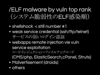 /ELF malware by vuln top rank
（システム脆弱性のELF感染順）
• shellshock < still number #1
• weak service credential (ssh/ftp/telnet)
サービスの弱いログイン認証
• webapps remote injection vie vuln
service exploitation
コードインジェクション・ファイルアップロード
(CMS/php, ElasticSearch,cPanel, Struts)
• Malvertisement (droids)
• others
 