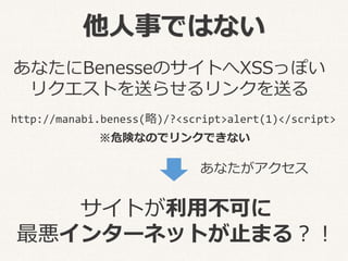 他人事ではない
あなたにBenesseのサイトへXSSっぽい
リクエストを送らせるリンクを送る
http://manabi.beness(略)/?<script>alert(1)</script>
サイトが利用不可に
最悪インターネットが止まる...