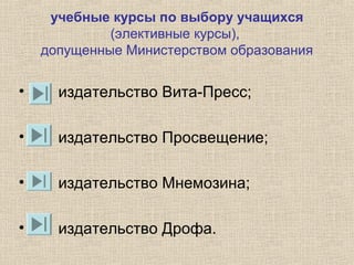 учебные курсы по выбору учащихся
(элективные курсы),
допущенные Министерством образования
• издательство Вита-Пресс;
• издательство Просвещение;
• издательство Мнемозина;
• издательство Дрофа.
 