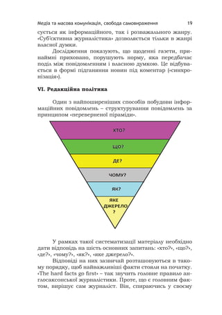 Медіа та масова комунікація, свобода самовираження 19
сується як інформаційного, так і розважального жанру.
«Суб’єктивна журналістика» дозволяється тільки в жанрі
власної думки.
Дослідження показують, що щоденні газети, при-
наймні приховано, порушують норму, яка передбачає
поділ між повідомленням і власною думкою. Це відбува-
ється в формі підганяння новин під коментар («синхро-
нізація»).
VІ. Редакційна політика
Один з найпоширеніших способів побудови інфор-
маційних повідомлень – структурування повідомлень за
принципом «переверненої піраміди».
У рамках такої систематизації матеріалу необхідно
дати відповідь на шість основних запитань: «хто?», «що?»,
«де?», «чому?», «як?», «яке джерело?».
Відповіді на них зазвичай розташовуються в тако-
му порядку, щоб найважливіші факти стояли на початку.
«The hard facts go ﬁrst» – так звучить головне правило ан-
глосаксонської журналістики. Проте, що є головним фак-
том, вирішує сам журналіст. Він, спираючись у своєму
 