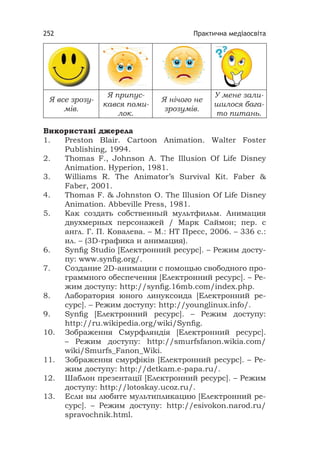 Практична медіаосвіта252
Я все зрозу-
мів.
Я припус-
кався поми-
лок.
Я нічого не
зрозумів.
У мене зали-
шилося бага-
то питань.
Використані джерела
1. Preston Blair. Cartoon Animation. Walter Foster
Publishing, 1994.
2. Thomas F., Johnson A. The Illusion Of Life Disney
Animation. Hyperion, 1981.
3. Williams R. The Animator’s Survival Kit. Faber &
Faber, 2001.
4. Thomas F. & Johnston O. The Illusion Of Life Disney
Animation. Abbeville Press, 1981.
5. Как создать собственный мультфильм. Анимация
двухмерных персонажей / Марк Саймон; пер. с
англ. Г. П. Ковалева. – М.: НТ Пресс, 2006. – 336 с.:
ил. – (3D-графика и анимация).
6. Synﬁg Studio [Електронний ресурс]. – Режим досту-
пу: www.synﬁg.org/.
7. Создание 2D-анимации с помощью свободного про-
граммного обеспечения [Електронний ресурс]. – Ре-
жим доступу: http://synﬁg.16mb.com/index.php.
8. Лаборатория юного линуксоида [Електронний ре-
сурс]. – Режим доступу: http://younglinux.info/.
9. Synﬁg [Електронний ресурс]. – Режим доступу:
http://ru.wikipedia.org/wiki/Synﬁg.
10. Зображення Смурфляндія [Електронний ресурс].
– Режим доступу: http://smurfsfanon.wikia.com/
wiki/Smurfs_Fanon_Wiki.
11. Зображення смурфіків [Електронний ресурс]. – Ре-
жим доступу: http://detkam.e-papa.ru/.
12. Шаблон презентації [Електронний ресурс]. – Режим
доступу: http://lotoskay.ucoz.ru/.
13. Если вы любите мультипликацию [Електронний ре-
сурс]. – Режим доступу: http://esivokon.narod.ru/
spravochnik.html.
 