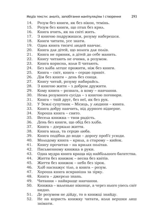 Медіа тексти: аналіз, запобігання маніпуляціям і створення 293
14. Розум без книги, як без вікон, темінь.
15. Розум без книги, що птах без крил.
16. Книга вчить, як на світі жить.
17. З книгою подружишся, розуму наберешся.
18. Книги читати, усе знати.
19. Одна книга тисячі людей навчає.
20. Книга для дітей, що волога для полів.
21. Книга не пряник, а дітей до себе манить.
22. Книгу читають не очима, а розумом.
23. Книга корисна, коли її читають.
24. Без хліба легше прожити, ніж без книги.
25. Книга – світ, книга – серцю привіт.
26. Дім без книги – день без сонця.
27. Книгу читай, розуму набирайсь.
28. З книгою жити – з добром дружити.
29. Кому книга – розвага, а кому – навчання.
30. Нема розумного сусіда – з книгою поговори.
31. Книга – твій друг, без неї, як без рук.
32. У Землі супутник – Місяць, у людини – книга.
33. Книга добру навчить, від дурного відверне.
34. Хороша книга – свято.
35. Весела книжка – твоя радість.
36. День без книги, що обід без хліба.
37. Книга – дзеркало життя.
38. Книга мала, та серцю люба.
39. Книга подібна до води – дорогу проб’є усюди.
40. Молодому книга – крила, а старому – кийок.
41. Книгу прочитав – на крилах політав.
42. Письменному книжка в руки.
43. Одна мудра книга краща від найбільшого багатства.
44. Життя без книжок – весна без квітів.
45. Життя без книжок – небо без зірок.
46. Хліб наснажує тіло, а книга – розум.
47. Хороша книга яскравіша за зірку.
48. Книга – джерело знань.
49. Читання – найкраще навчання.
50. Книжка – маленьке віконце, а через нього увесь світ
видно.
51. Де розумом не дійду, то в книжці знайду.
52. Не на користь книжку читати, коли вершки лиш
знімати.
 