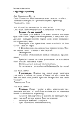 Інтернетграмотність 93
Структура тренінгу
Вид діяльності: Вступ
Опис діяльності: Повідомлення теми та мети тренінгу.
Необхідні матеріали: Презентація (тема тренінгу)
Тривалість: 5 хв.
Вид діяльності: Мотивація до діяльності.
Опис діяльності: Формування в учасників мотивації.
Вправа «На що схоже?»
Завдання учасникам: учасники повинні вигадати
будь-яке слово і передати його сусідові, а завдання сусі-
да зліва – швидко назвати перше-ліпше слово-асоціацію,
яке спало на думку.
Його сусід зліва промовляє свою асоціацію на його
слово – і так по черзі.
У фіналі голосно промовляється останнє слово. Звіс-
но, перше слово і останнє – зовсім різні.
Обговорення.
Учасники обмінюються своїми емоціями, вражен-
нями.
Тренер ставить питання учасникам, чи стикалися
вони з таким явищем в житті.
Встановлення аналогії з інтернетом.
Це стосується і достовірності інформації в інтернеті.
Вид діяльності:
Очікування. Вправа на визначення очікувань
учасників тренінгу у форматі «Відкритий мікрофон». Ко-
жен по черзі повідомляє про свої очікування від цього
тренінгу.
Тривалість: 2 хв.
Вид діяльності:
Правила: (Якщо тренінг з цією аудиторією про-
водиться вперше, то необхідно наголосити на основних
правилах поведінки в тренінгу).
Правила розміщуються в кімнаті, де проходить тре-
нінг, так, щоб до них можна було звертатися:
• вимкнути мобільні телефони;
• бути позитивно налаштованими;
 