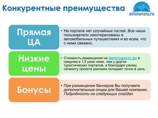 Конкурентные преимущества


  Прямая    • На портале нет случайных гостей. Все наши
              пользователи заинтересованы в

    ЦА
              автомобильных путешествиях и во всем, что
              с ними связано.



   Низкие   • Стоимость размещения на Автотуристу.ру в
              среднем в 1,5 раза ниже, чем у других

    цены
              туристических порталов, а благодаря узкому
              сегменту проекта реклама попадает точно в цель.



            • При размещении баннеров Вы получаете
   Бонусы     дополнительные опции для Вашей компании.
              Подробности на следующих слайдах
 