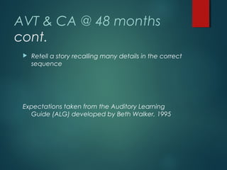 AVT & CA @ 48 months
cont.
 Retell a story recalling many details in the correct
sequence
Expectations taken from the Auditory Learning
Guide (ALG) developed by Beth Walker, 1995
 