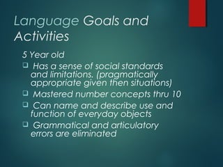 Language Goals and
Activities
5 Year old
 Has a sense of social standards
and limitations. (pragmatically
appropriate given then situations)
 Mastered number concepts thru 10
 Can name and describe use and
function of everyday objects
 Grammatical and articulatory
errors are eliminated
 