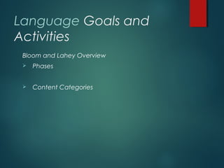 Language Goals and
Activities
Bloom and Lahey Overview
 Phases
 Content Categories
 