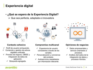 • ¿Qué se espera de la Experiencia Digital?
Ø Que sea perfecta, adaptada e innovadora
Experiencia digital
34Oracle WebCenter Portal 12c
Contexto cohesivo
ü Perfil de usuario enriquecido.
ü Contenido y gestión de activos
digitales unificada.
ü Proceso de negocio, OBIEE y
integración de datos de
aplicación.
ü Búsqueda agregada.
Compromiso multicanal
ü Experiencia de usuario
consistente a través de los
canales.
ü Personalización y conciencia
del contexto.
ü Autoservicios respaldados
por información relevante.
Opiniones de negocios
ü Datos empresariales y
servicio orientados a
procesos.
ü Análisis derivados de la
integración de datos y
procesos híbridos.
 