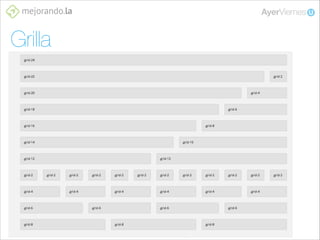 Grilla
• Fundamental para mantener la coherencia del diseño
• Permite diseñar muy rápido en responsive
• Se lleva desde el papel a la pantalla manteniendo criterios

http://960.gs

 