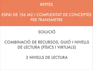 REPTES
!

ESPAI DE 156 M2 I COMPLEXITAT DE CONCEPTES
PER TRANSMETRE
SOLUCIÓ
!

COMBINACIÓ DE RECURSOS, GUIÓ I NIVELLS
DE LECTURA (FÍSICS I VIRTUALS)
!

3 NIVELLS DE LECTURA
!

 