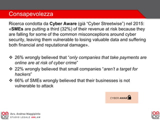 Consapevolezza
Ricerca condotta da Cyber Aware (già “Cyber Streetwise”) nel 2015:
«SMEs are putting a third (32%) of their revenue at risk because they
are falling for some of the common misconceptions around cyber
security, leaving them vulnerable to losing valuable data and suffering
both financial and reputational damage».
 26% wrongly believed that “only companies that take payments are
online are at risk of cyber crime”
 22% wrongly believed that small companies “aren’t a target for
hackers”
 66% of SMEs wrongly believed that their businesses is not
vulnerable to attack
 