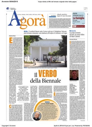 Avvenire nazionale, 05 04 2015 Agorà, Brescia Xfiction Raul Gabriel a Corpus Hominis articolo di Alessandro Beltrami  