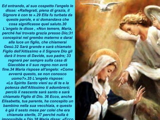 Ed entrando, al suo cospetto l'angelo le
disse: «Rallegrati, piena di grazia, il
Signore è con te ».29 Ella fu turbata da
queste parole, e si domandava che
cosa significasse quel saluto.30
L'angelo le disse , «Non temere, Maria,
perché hai trovato grazia presso Dio;31
concepirai nel grembo materno e darai
alla luce un figlio, che chiamerai
Gesù.32 Sarà grande e sarà chiamato
Figlio dell'Altissimo e il Signore Dio gli
darà il trono di Davide, suo padre; 33
regnerà per sempre sulla casa di
Giacobbe e il suo regno non avrà
fine.34 Maria rispose all'angelo: «Come
avverrà questo, se non conosco
uomo?».35 L'angelo rispose:
«Lo Spirito Santo vieni su di te e la
potenza dell'Altissimo ti adombrerà;
perciò il nascente sarà santo e sarà
chiamato Figlio di Dio. 36 Ecco, anche
Elisabetta, tua parente, ha concepito un
bambino nella sua vecchiaia, e questo
è già il sesto mese per colei che era
chiamata sterile, 37 perché nulla è
 