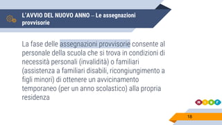 L’AVVIO DEL NUOVO ANNO – Le assegnazioni
provvisorie
La fase delle assegnazioni provvisorie consente al
personale della scuola che si trova in condizioni di
necessità personali (invalidità) o familiari
(assistenza a familiari disabili, ricongiungimento a
figli minori) di ottenere un avvicinamento
temporaneo (per un anno scolastico) alla propria
residenza
18
 