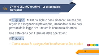 L’AVVIO DEL NUOVO ANNO – Le assegnazioni
provvisorie
Il 21 giugno il MIUR ha siglato con i sindacati l’intesa che
regola le assegnazioni provvisorie, limitandole ai soli casi
previsti dalla legge per tutelare la continuità didattica
Una data certa per il termine delle operazioni:
il 31 agosto
▻ L’anno scorso le assegnazioni terminarono a fine ottobre
19
 