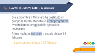 L’AVVIO DEL NUOVO ANNO – Le iscrizioni
Già a dicembre il Ministero ha costituito un
gruppo di lavoro, stabilito un cronoprogramma,
avviato il monitoraggio delle operazioni
necessarie
Primo risultato: iscrizioni a scuola chiuse il 6
febbraio
▻ L’anno scorso: chiuse il 22 febbraio
6
 