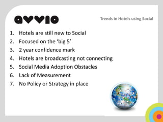Trends in Hotels using Social


1.   Hotels are still new to Social
2.   Focused on the ‘big 5’
3.   2 year confidence mark
4.   Hotels are broadcasting not connecting
5.   Social Media Adoption Obstacles
6.   Lack of Measurement
7.   No Policy or Strategy in place
 