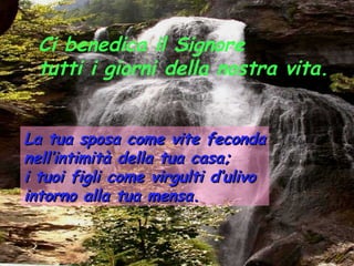 Ci benedica il Signore
  tutti i giorni della nostra vita.


La tua sposa come vite feconda
nell’intimità della tua casa;
i tuoi figli come virgulti d’ulivo
intorno alla tua mensa.
 