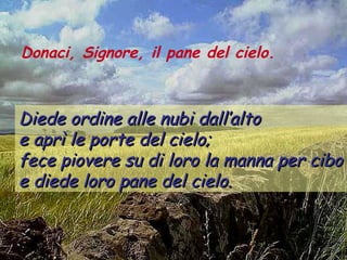 Donaci, Signore, il pane del cielo.



Diede ordine alle nubi dall’alto
e aprì le porte del cielo;
fece piovere su di loro la manna per cibo
e diede loro pane del cielo.
 