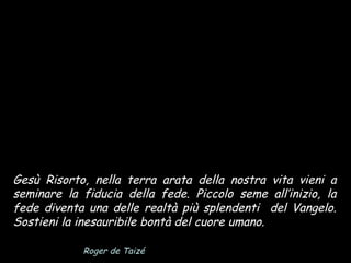 Gesù Risorto, nella terra arata della nostra vita vieni a
seminare la fiducia della fede. Piccolo seme all’inizio, la
fede diventa una delle realtà più splendenti del Vangelo.
Sostieni la inesauribile bontà del cuore umano.
Roger de Taizé

 