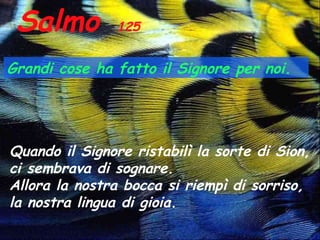 Salmo          125


Grandi cose ha fatto il Signore per noi.




Quando il Signore ristabilì la sorte di Sion,
ci sembrava di sognare.
Allora la nostra bocca si riempì di sorriso,
la nostra lingua di gioia.
 