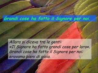 Grandi cose ha fatto il Signore per noi.




  Allora si diceva tra le genti:
  «Il Signore ha fatto grandi cose per loro».
  Grandi cose ha fatto il Signore per noi:
  eravamo pieni di gioia.
 