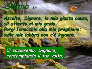 Salmo

16

Ascolta, Signore, la mia giusta causa,
sii attento al mio grido.
Porgi l’orecchio alla mia preghiera:
sulle mie labbra non c’è inganno.
Ci sazieremo, Signore,
contemplando il tuo volto.

 