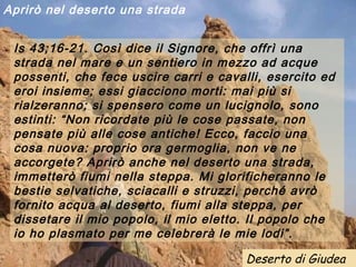 Aprirò nel deserto una strada


 Is 43;16-21. Così dice il Signore, che offrì una
 strada nel mare e un sentiero in mezzo ad acque
 possenti, che fece uscire carri e cavalli, esercito ed
 eroi insieme; essi giacciono morti: mai più si
 rialzeranno; si spensero come un lucignolo, sono
 estinti: “Non ricordate più le cose passate, non
 pensate più alle cose antiche! Ecco, faccio una
 cosa nuova: proprio ora germoglia, non ve ne
 accorgete? Aprirò anche nel deserto una strada,
 immetterò fiumi nella steppa. Mi glorificheranno le
 bestie selvatiche, sciacalli e struzzi, perché avrò
 fornito acqua al deserto, fiumi alla steppa, per
 dissetare il mio popolo, il mio eletto. Il popolo che
 io ho plasmato per me celebrerà le mie lodi”.

                                        Deserto di Giudea
 