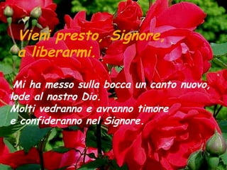 Vieni presto, Signore,
a liberarmi.
Mi ha messo sulla bocca un canto nuovo,
lode al nostro Dio.
Molti vedranno e avranno timore
e confideranno nel Signore.
 