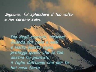 Signore, fa’ splendere il tuo volto
e noi saremo salvi.



   Dio degli eserciti, ritorna!
   Guarda dal cielo e vedi
   e visita questa vigna,
   proteggi quello che la tua
   destra ha piantato,
   il figlio dell’uomo che per te
   hai reso forte.
 