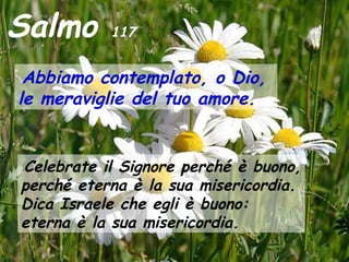 Salmo      117


 Abbiamo contemplato, o Dio,
le meraviglie del tuo amore.


Celebrate il Signore perché è buono,
perché eterna è la sua misericordia.
Dica Israele che egli è buono:
eterna è la sua misericordia.
 