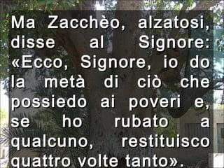 Ma Zacchèo, alzatosi,
disse
al
Signore:
«Ecco, Signore, io do
la metà di ciò che
possiedo ai poveri e,
se
ho
rubato
a
qualcuno,
restituisco
quattro volte tanto».

 
