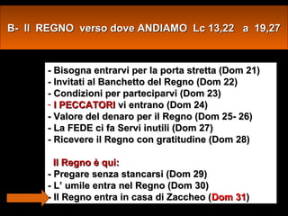 B- Il REGNO verso dove ANDIAMO Lc 13,22 a 19,27

- Bisogna entrarvi per la porta stretta (Dom 21)
- Invitati al Banchetto del Regno (Dom 22)
- Condizioni per parteciparvi (Dom 23)
- I PECCATORI vi entrano (Dom 24)
- Valore del denaro per il Regno (Dom 25- 26)
- La FEDE ci fa Servi inutili (Dom 27)
- Ricevere il Regno con gratitudine (Dom 28)
MAR MEDITERRANI
Il Regno è qui:
- Pregare senza stancarsi (Dom 29)
- L’ umile entra nel Regno (Dom 30)
- Il Regno entra in casa di Zaccheo (Dom 31)

 