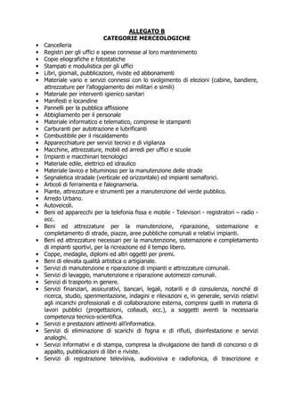 ALLEGATO B
                            CATEGORIE MERCEOLOGICHE
•   Cancelleria
•   Registri per gli uffici e spese connesse al loro mantenimento
•   Copie eliografiche e fotostatiche
•   Stampati e modulistica per gli uffici
•   Libri, giornali, pubblicazioni, riviste ed abbonamenti
•   Materiale vario e servizi connessi con lo svolgimento di elezioni (cabine, bandiere,
    attrezzature per l’alloggiamento dei militari e simili)
•   Materiale per interventi igienico sanitari
•   Manifesti e locandine
•   Pannelli per la pubblica affissione
•   Abbigliamento per il personale
•   Materiale informatico e telematico, comprese le stampanti
•   Carburanti per autotrazione e lubrificanti
•   Combustibile per il riscaldamento
•   Apparecchiature per servizi tecnici e di vigilanza
•   Macchine, attrezzature, mobili ed arredi per uffici e scuole
•   Impianti e macchinari tecnologici
•   Materiale edile, elettrico ed idraulico
•   Materiale lavico e bituminoso per la manutenzione delle strade
•   Segnaletica stradale (verticale ed orizzontale) ed impianti semaforici.
•   Articoli di ferramenta e falegnameria.
•   Piante, attrezzature e strumenti per a manutenzione del verde pubblico.
•   Arredo Urbano.
•   Autoveicoli.
•   Beni ed apparecchi per la telefonia fissa e mobile - Televisori - registratori – radio -
    ecc.
•   Beni ed attrezzature per la manutenzione, riparazione, sistemazione e
    completamento di strade, piazze, aree pubbliche comunali e relativi impianti.
•   Beni ed attrezzature necessari per la manutenzione, sistemazione e completamento
    di impianti sportivi, per la ricreazione ed il tempo libero.
•   Coppe, medaglie, diplomi ed altri oggetti per premi.
•   Beni di elevata qualità artistica o artigianale.
•   Servizi di manutenzione e riparazione di impianti e attrezzature comunali.
•   Servizi di lavaggio, manutenzione e riparazione automezzi comunali.
•   Servizi di trasporto in genere.
•   Servizi finanziari, assicurativi, bancari, legali, notarili e di consulenza, nonché di
    ricerca, studio, sperimentazione, indagini e rilevazioni e, in generale, servizi relativi
    agli incarichi professionali e di collaborazione esterna, compresi quelli in materia di
    lavori pubblici (progettazioni, collaudi, ecc.), a soggetti aventi la necessaria
    competenza tecnico-scientifica.
•   Servizi e prestazioni attinenti all’informatica.
•   Servizi di eliminazione di scarichi di fogna e di rifiuti, disinfestazione e servizi
    analoghi.
•   Servizi informativi e di stampa, compresa la divulgazione dei bandi di concorso o di
    appalto, pubblicazioni di libri e riviste.
•   Servizi di registrazione televisiva, audiovisiva e radiofonica, di trascrizione e
 