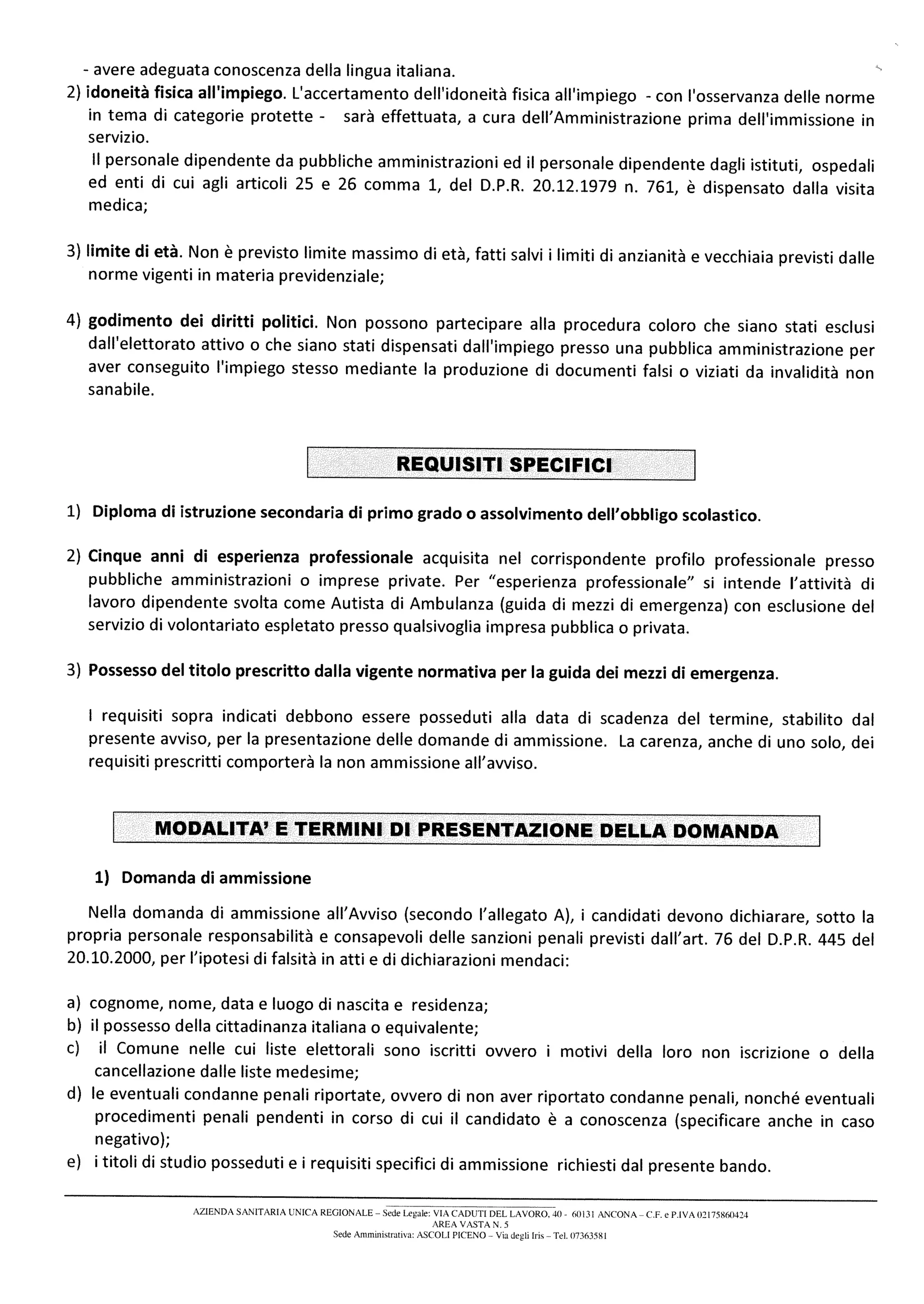 Avviso pubblico per selezione autisti ambulanza ASUR Marche zona 5