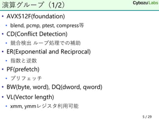 • AVX512F(foundation)
• blend, pcmp, ptest, compress等
• CD(Conflict Detection)
• 競合検出 ループ処理での補助
• ER(Exponential and Reciprocal)
• 指数と逆数
• PF(prefetch)
• プリフェッチ
• BW(byte, word), DQ(dword, qword)
• VL(Vector length)
• xmm, ymmレジスタ利用可能
演算グループ（1/2）
5 / 29
 