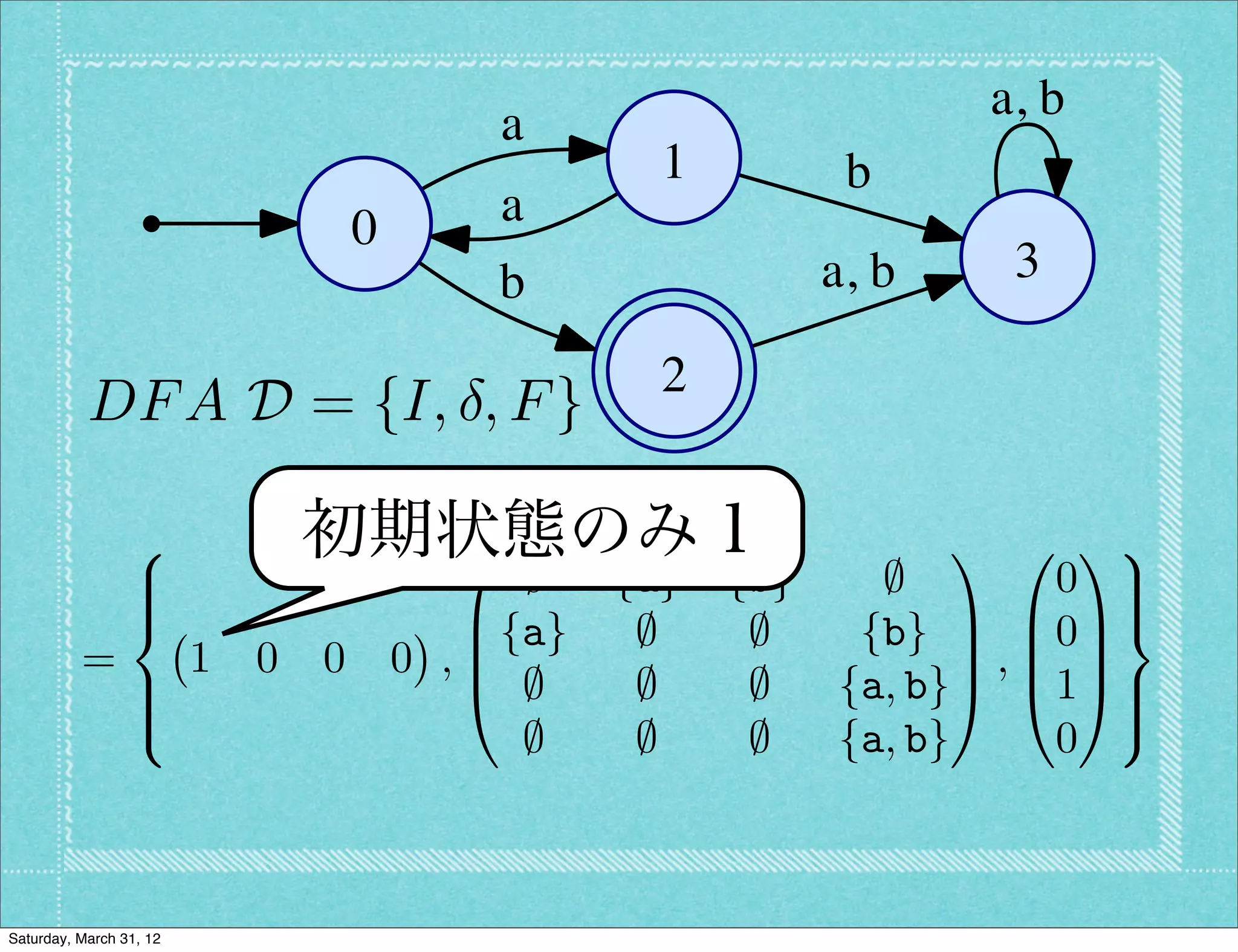 a, b
                                             a
                                                     1          b
                                     0       a
                                             b                 a, b    3

                                                     2
           DF A D = {I, , F }

                 8               初期状態のみ１
                                   0                                  1 0 19
                 >
                 >                            ;    {a}   {b}     ;         0 >
                                                                             >
                 <                          B{a}                      C B0C=
                                                    ;     ;     {b} C B C
          =              1   0   0       0 ,B
                                            @ ;                       A , @1A>
                 >
                 >                                  ;     ;    {a, b}        >
                 :                                                           ;
                                              ;     ;     ;    {a, b}      0



Saturday, March 31, 12
 