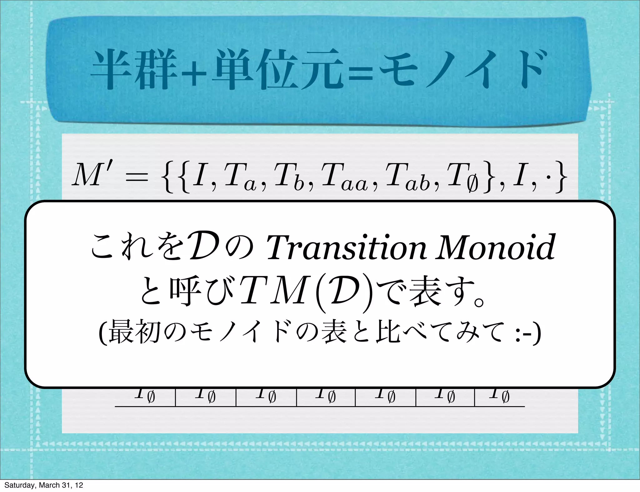 半群+単位元=モノイド
                          0
                  M = {{I, Ta , Tb , Taa , Tab , T; }, I, ·}
                                I  Ta Tb Taa Tab T;
                            I D
                         これを のTTransition TMonoid
                                I   a Tb Taa  ab T;
                           Ta  Ta Taa Tab Ta Tb T;
                           Tb  Tb
                                  T M (D)
                           と呼び    で表す。;
                                   T; T;  T; T; T
                         (最初のモノイドの表と比べてみて :-)
                           Taa Taa Ta Tb Taa Tab T;
                           Tab Tab T; T;  T; T; T;
                           T;  T;  T; T;  T; T; T;


Saturday, March 31, 12
 