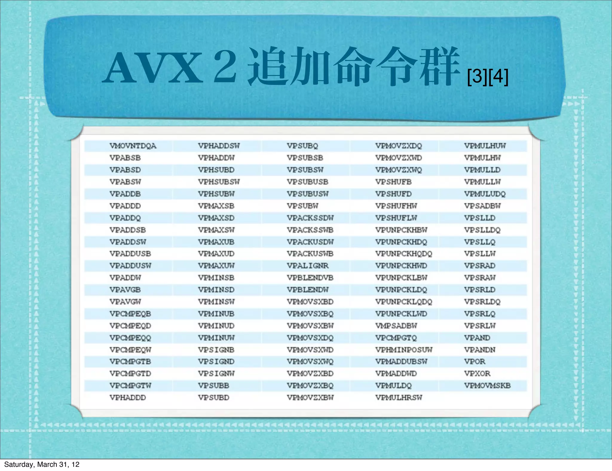 AVX２追加命令群 [3][4]




Saturday, March 31, 12
 