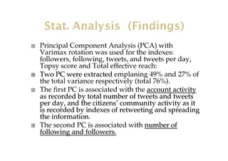 Principal Component Analysis (PCA) with
Varimax rotation was used for the indexes:
followers, following, tweets, and tweets per day,
Topsy score and Total effective reach:
TwoTwo PC were extractedPC were extracted emplaning 49% and 27% of
the total variance respectively (total 76%).
The first PC is associated with the account activityaccount activity
as recorded by total number of tweets and tweetsas recorded by total number of tweets and tweets
per day, and the citizensper day, and the citizens’’ community activity as itcommunity activity as it
is recorded by indexes of retweeting and spreadingis recorded by indexes of retweeting and spreading
the information.the information.
The second PC is associated with numbernumber ofof
following and followersfollowing and followers.
 