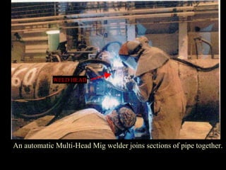 An automatic Multi-Head Mig welder joins sections of pipe together.
WELD HEAD
 
