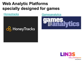 Web Analytic Platforms
specially designed for games
Honeytracks        Gamesanalytics
 