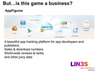 But…is this game a business?
AppFigures




A beautiful app tracking platform for app developers and
publishers.
Sales & download numbers
World-wide reviews & ranks
and other juicy data
 