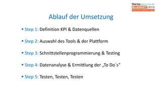  Step 1: Definition KPI & Datenquellen
 Step 2: Auswahl des Tools & der Plattform
 Step 3: Schnittstellenprogrammierung & Testing
 Step 4: Datenanalyse & Ermittlung der „To Do´s“
 Step 5: Testen, Testen, Testen
Ablauf der Umsetzung
 