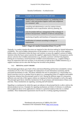 Copyright 2010 ISA. All Rights Reserved.




                                     Security Certification – A critical review


              Stage              Examples for associated activities and costs

              Initiation         identification of transaction partners, e.g. marketing (on the
                                 vendor’s side) and product/supplier search and comparison
                                 (on consumers’ side)

              Negotiation        consulting and administrative costs for contract closure,
                                 coordination costs in specification, delivery planning, etc.

              Settlement         costs for product delivery, management of the exchange of
                                 products and payments, validation of delivery and payment

              Monitoring         monitoring of quality and timeliness of transaction execution

              Adjustment modification of contracts according to changes in
                         requirements

                          Table 1: Stages of a market transaction (from [24], p. 67)

Typically, in a market situation the actors are impaired in their decision making by limited information
availability. This can be hidden characteristics (of the product or service as well as of the supplier),
hidden action or information (when the buyer can't monitor or assess the supplier's actions) or hidden
intention (when the buyer cannot sanction the supplier's opportunistic behavior). Consequences can be
adverse selection due to hidden characteristics (e.g. primarily customers with bad risk properties
looking for an insurance), moral hazard due to hidden action/information (e.g. a supplier billing a
buyer for inspections that were not done or not necessary) or hold up due to hidden intention (e.g. a
supplier increases service rates after the buyer has invested in the product).

      3.1.2   PRINCIPAL-AGENT THEORY

The principal-agent theory goes back to Ross and Jensen/Heckling and has been extended by various
researchers [25,26,27,28]. It investigates the implications of such information asymmetry and the
associated uncertainties or risks. The theory identifies the role of a principal (e.g. a stock holder or a
buyer) sourcing a service or product from an agent (e.g. a management team or a supplier) and models
the decision situation from the principal's point of view. During the different stages of a transaction,
different costs and risks of this agency relation are imposed on both the principal as well as the agent.
The principal-agent theory identifies mechanisms for the governance and minimization of these costs
and risks. These mechanisms are signaling, screening and self-selection.

Signalling is a mechanism by which the agent can indicate to the principal that he is able to deliver the
desired products/services. Examples for signaling mechanisms are letters of reference or certificates
that an applicant shows in his application to indicate to a potential employer that she is a skilled
candidate. Three fundamental requirements must be met for a working signaling mechanism:




                               Distributed with permission of ABB by ISA 2010
                            Presented at IAS Automation Week; http://www.isa.org


         Distributed with permission of author(s) by ISA 2010 Presented at ISA Automation Week 2010; http://www.isa.org
 